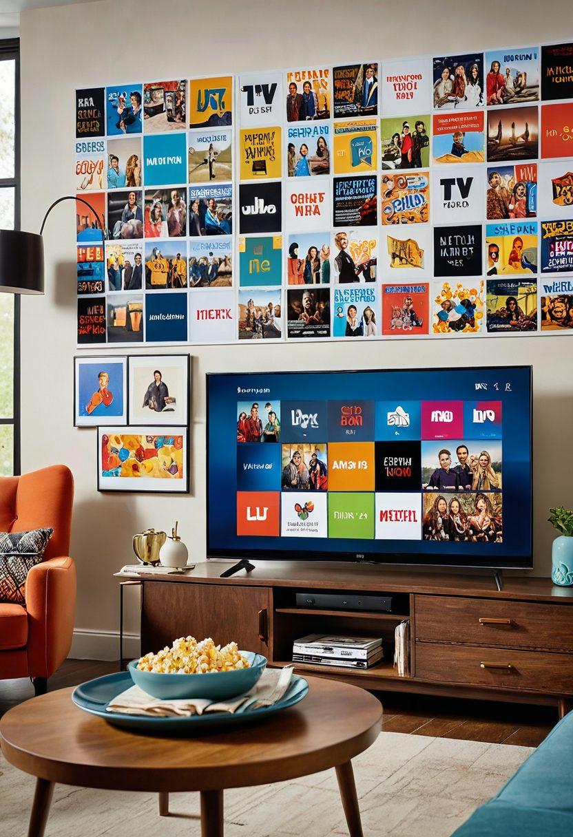 A vibrant TV screen displaying a collage of popular ITV shows, surrounded by a modern living room setting with cozy furniture and snacks on a table. Incorporate a prominent calendar showing recent episode air dates, and a stylish remote control beside the screen. Use bright colors and dynamic lighting to evoke excitement about upcoming episodes. super-realistic. vibrant colors. cozy atmosphere.