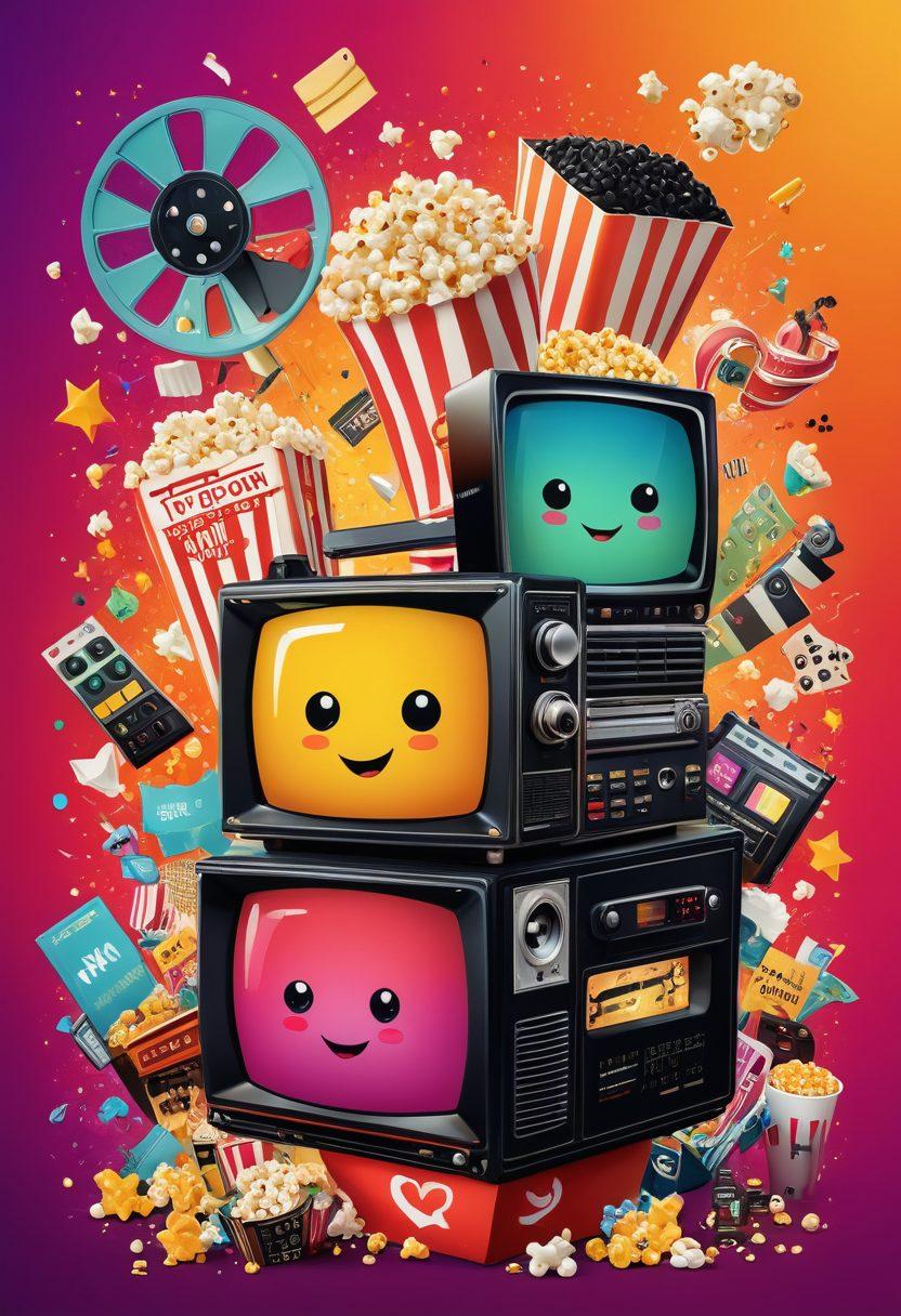 A whimsical digital collage showcasing various entertainment elements such as film reels, television screens, and pop-corn. Include vibrant icons representing program highlights, film review stars, and IPTV logos interspersed throughout. The background should have a gradient of colors to evoke excitement and creativity, with playful characters watching screens and engaging with content. Create a sense of movement, like clips are being shared and discussed in a lively environment. Vector art. vibrant colors.