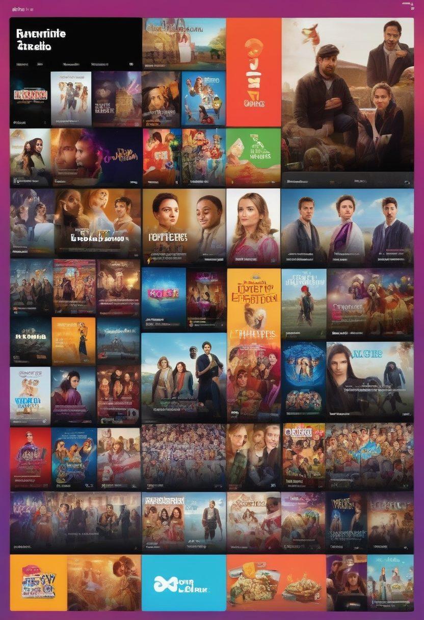 A dynamic collage representing the essence of ITV's online entertainment: a vivid TV screen with popular shows playing, surrounded by colorful streaming icons, a diverse group of people joyfully engaging with their devices, popcorn and snacks scattered around, a digital calendar marked with showtimes. vibrant colors. modern flat design.